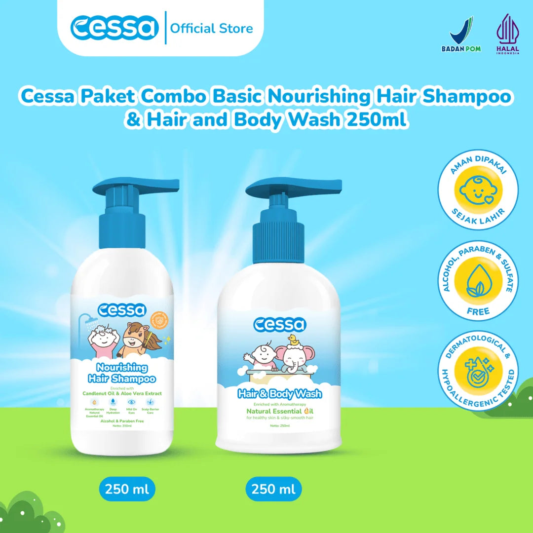 Cessa Paket Combo Basic Nourishing Hair Shampoo 200ml & Hair and Body Wash 250ml