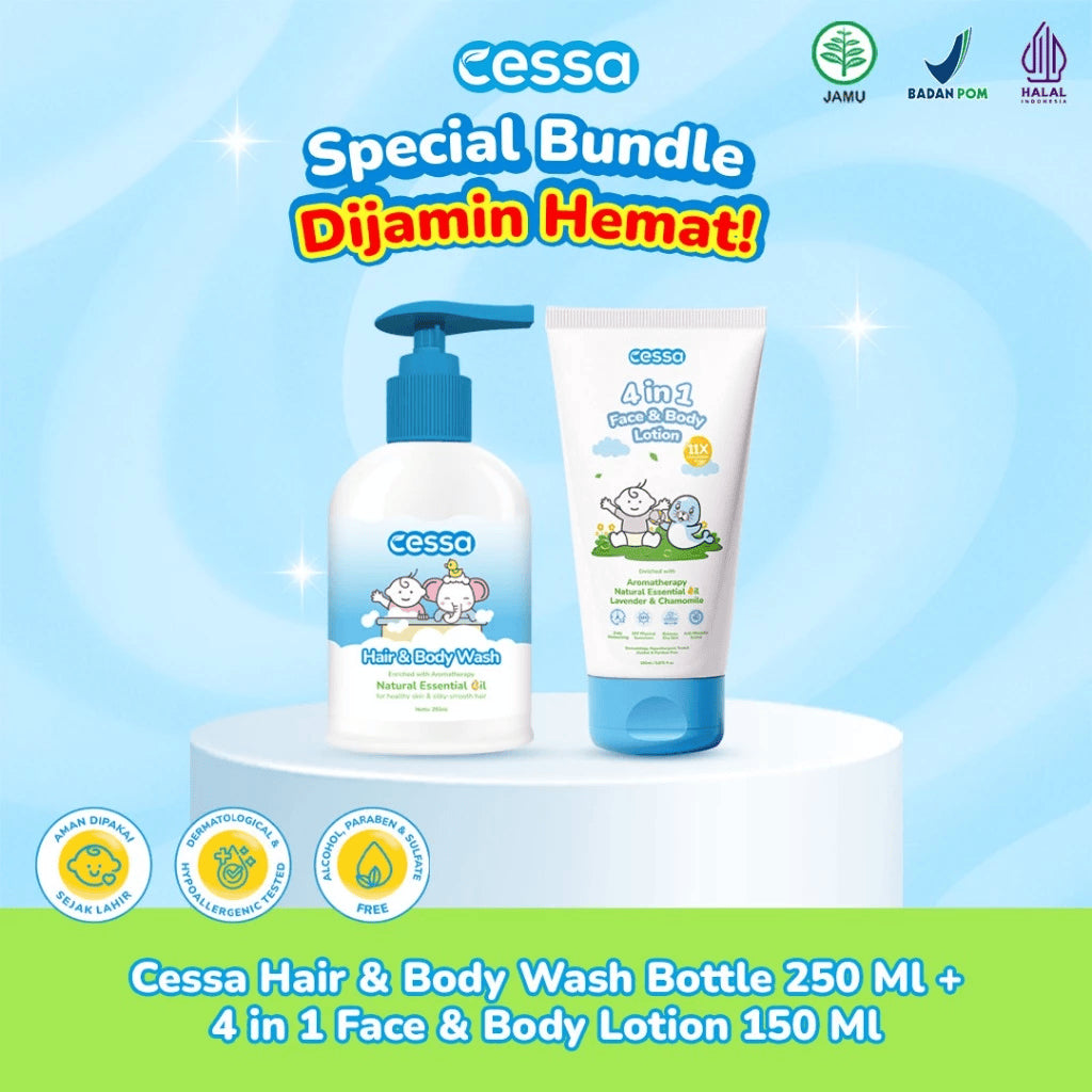 Cessa Paket Combo Kulit Sehat No Iritasi - Hair & Body Wash 250ml & 4 in 1 Face & Body Lotion 150ml