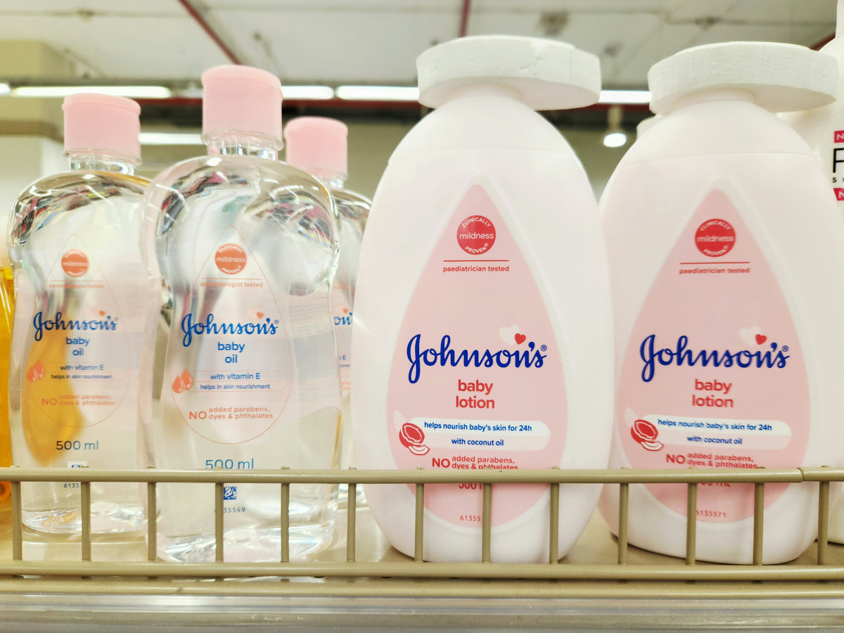 Johnson's baby oil and lotion are displayed