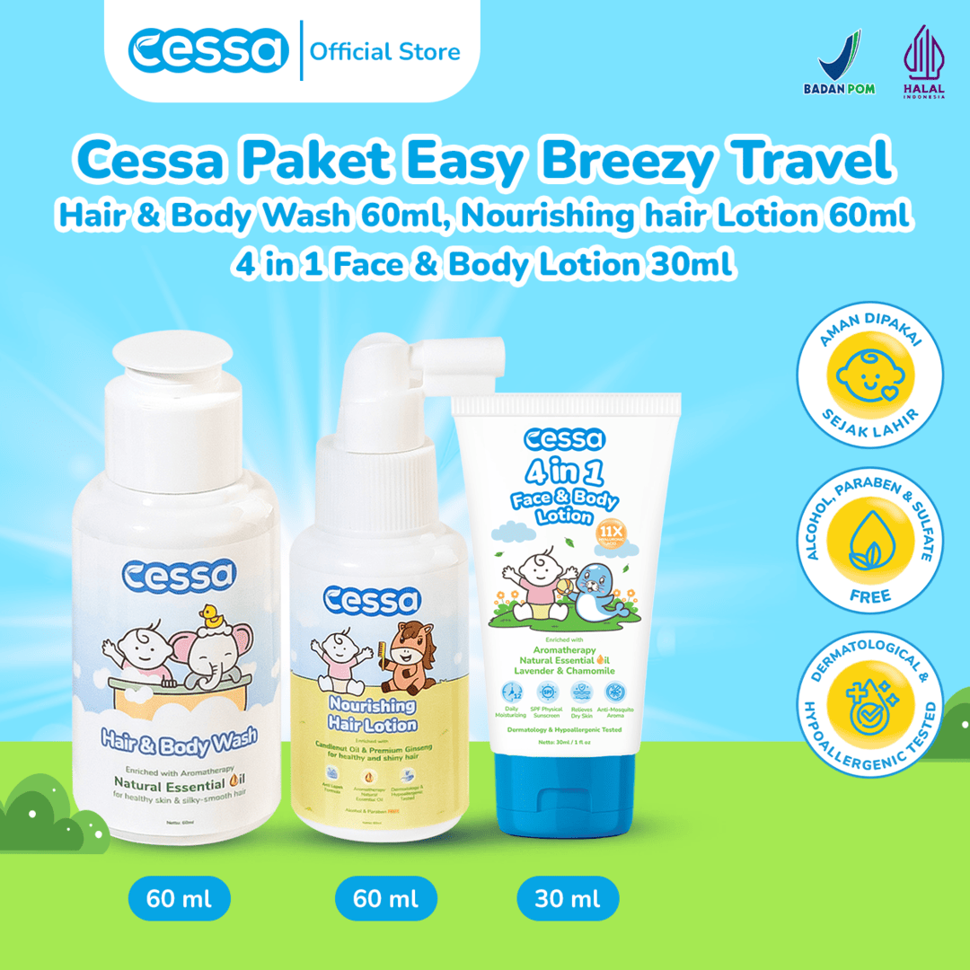 Cessa Paket Easy Breezy Travel - Hair & Body Wash 60ml + Nourishing hair Lotion 60ml + 4 in 1 Face & Body Lotion 30ml