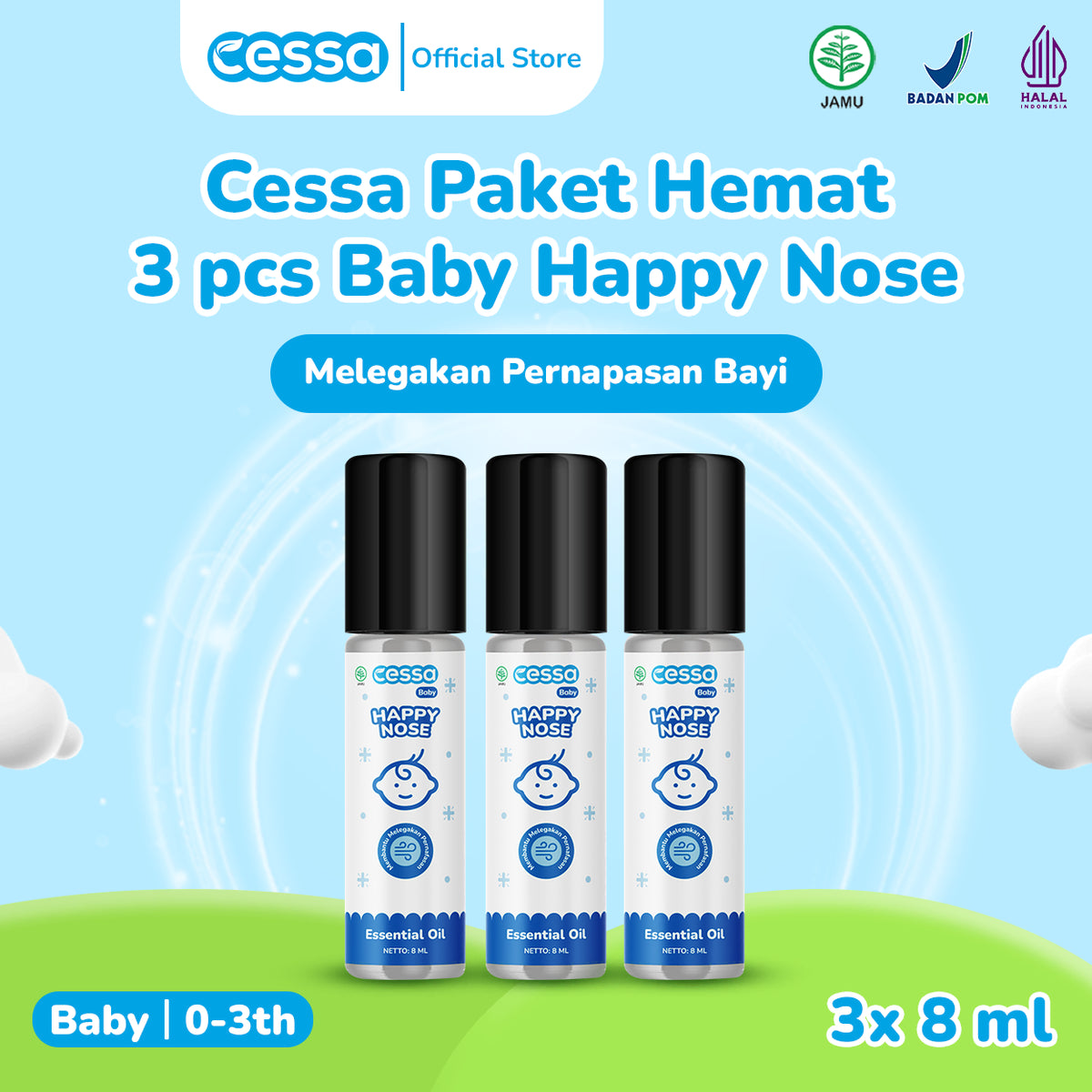 Cessa Paket 3 Pcs Happy Nose Baby 8 Ml - Natural Essential Oil Melegakan Pernapasan