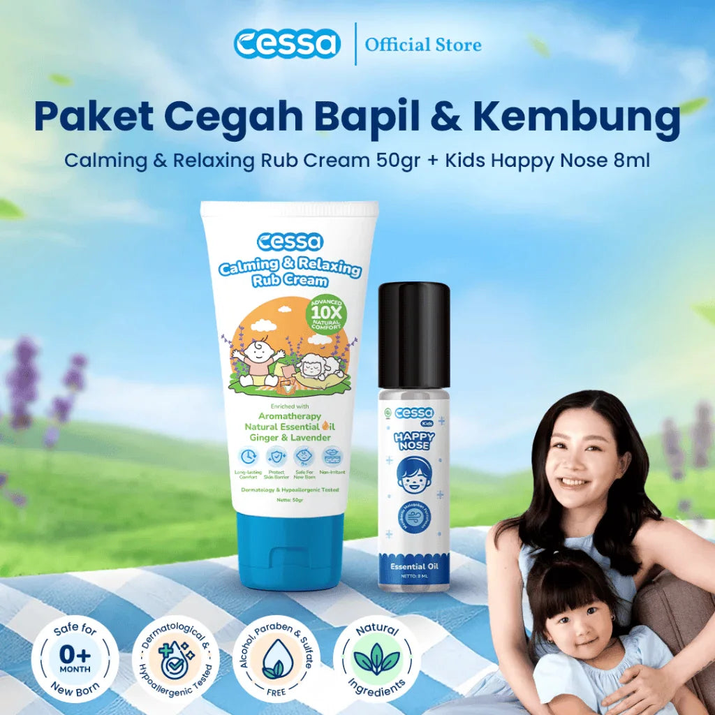 Cessa Paket Cegah Bapil & Kembung - Calming & Relaxing Rub Cream 50 Gr & Kids Happy Nose Essential Oil 8 Ml