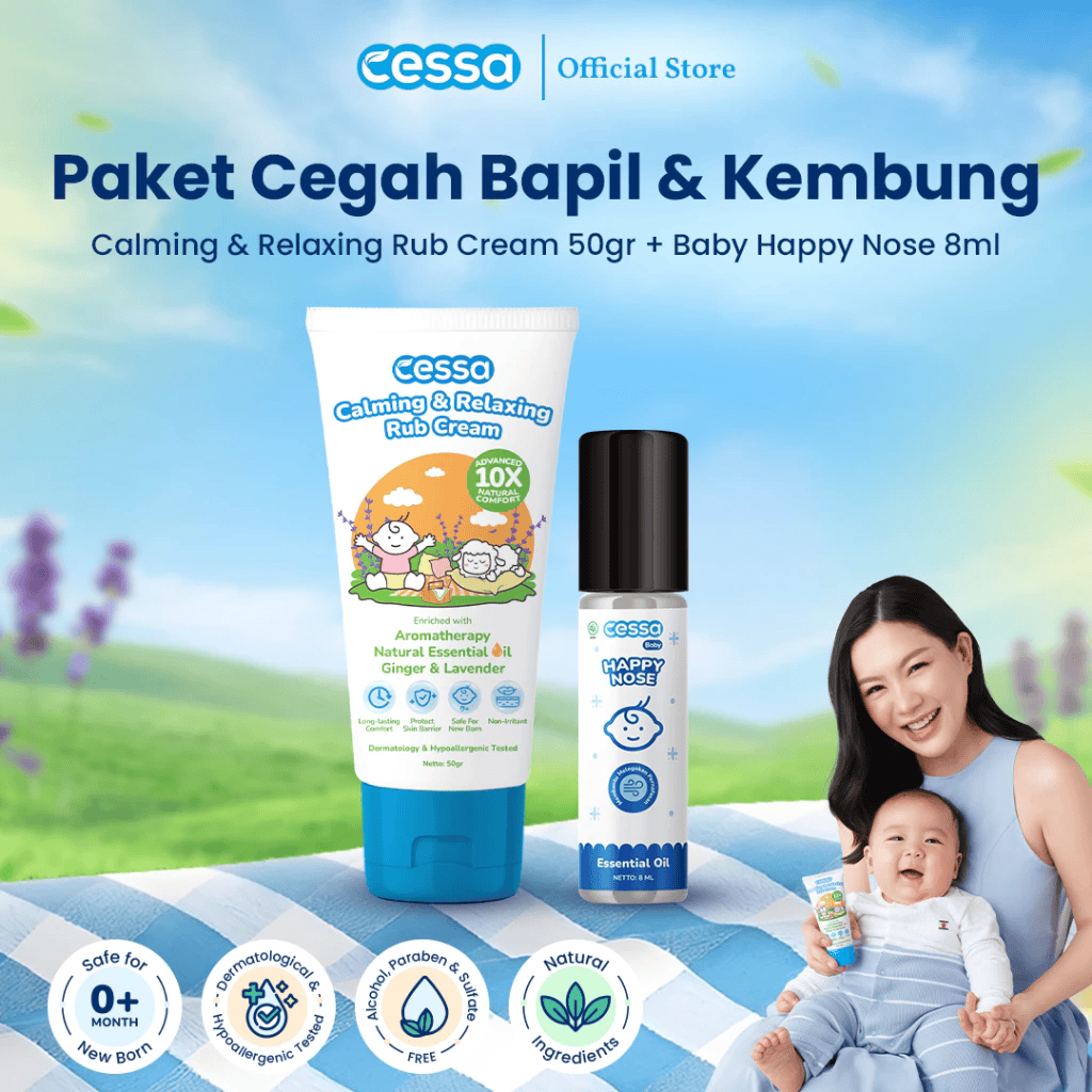 Cessa Paket Cegah Bapil & Kembung - Calming & Relaxing Rub Cream 50 Gr & Baby Happy Nose Essential Oil 8 Ml