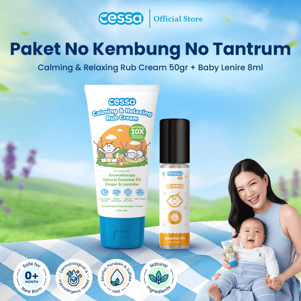 Cessa Paket No Kembung No Tantrum - Calming & Relaxing Rub Cream 50 Gr & Baby Lenire Essential Oil 8 Ml