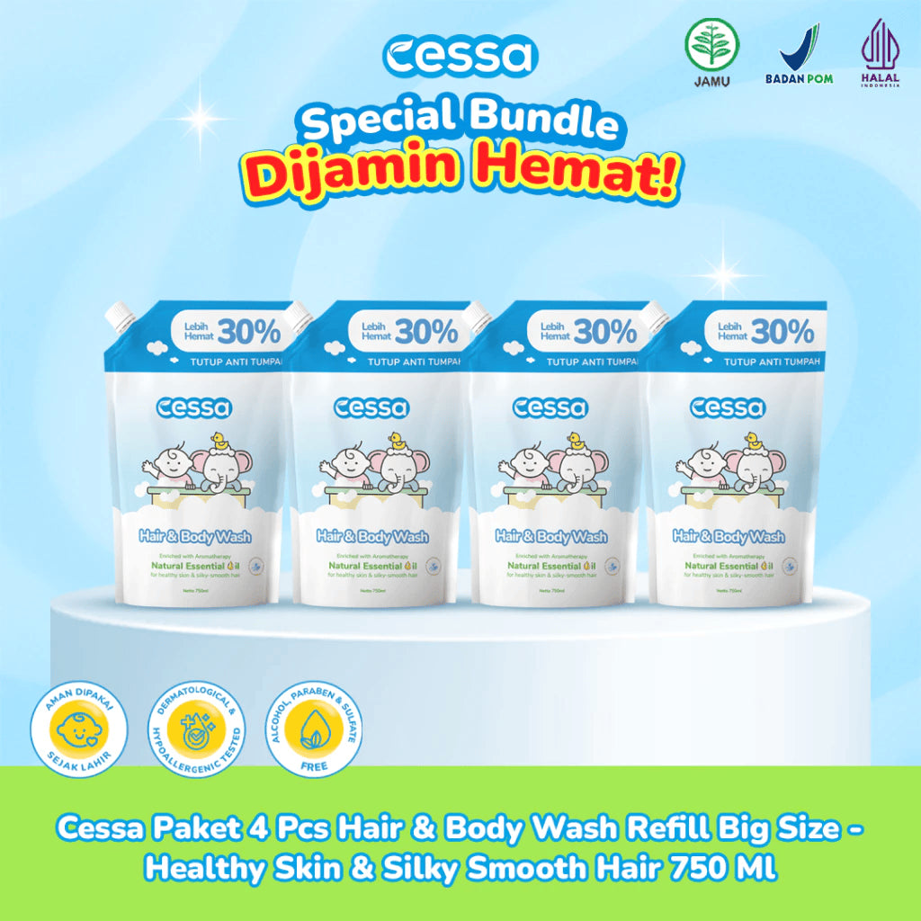 Cessa Paket 4 Pcs Hair &  Body Wash Refill Big Size - Healthy Skin &  Silky Smooth Hair 750 Ml
