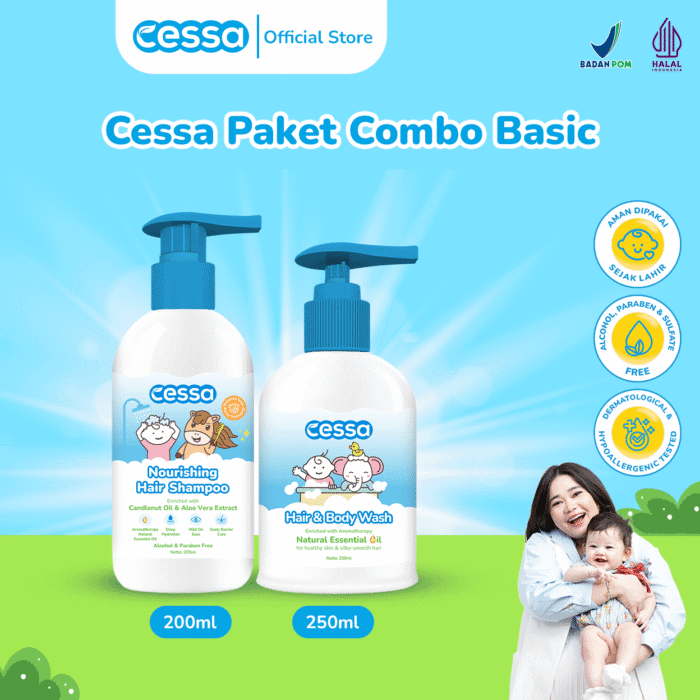 Cessa Paket Combo Basic Nourishing Hair Shampoo 200ml & Hair and Body Wash 250ml