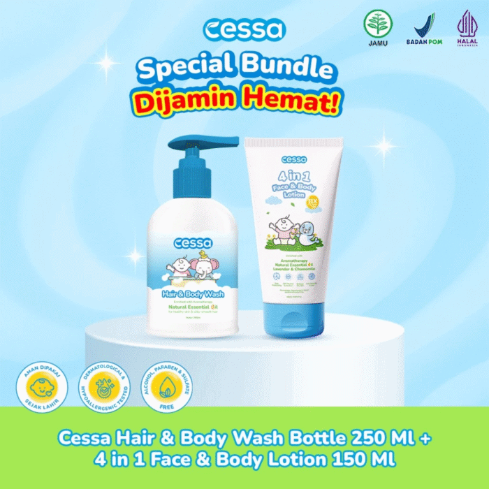 Cessa Paket Combo Kulit Sehat No Iritasi - Hair & Body Wash 250ml & 4 in 1 Face & Body Lotion 150ml