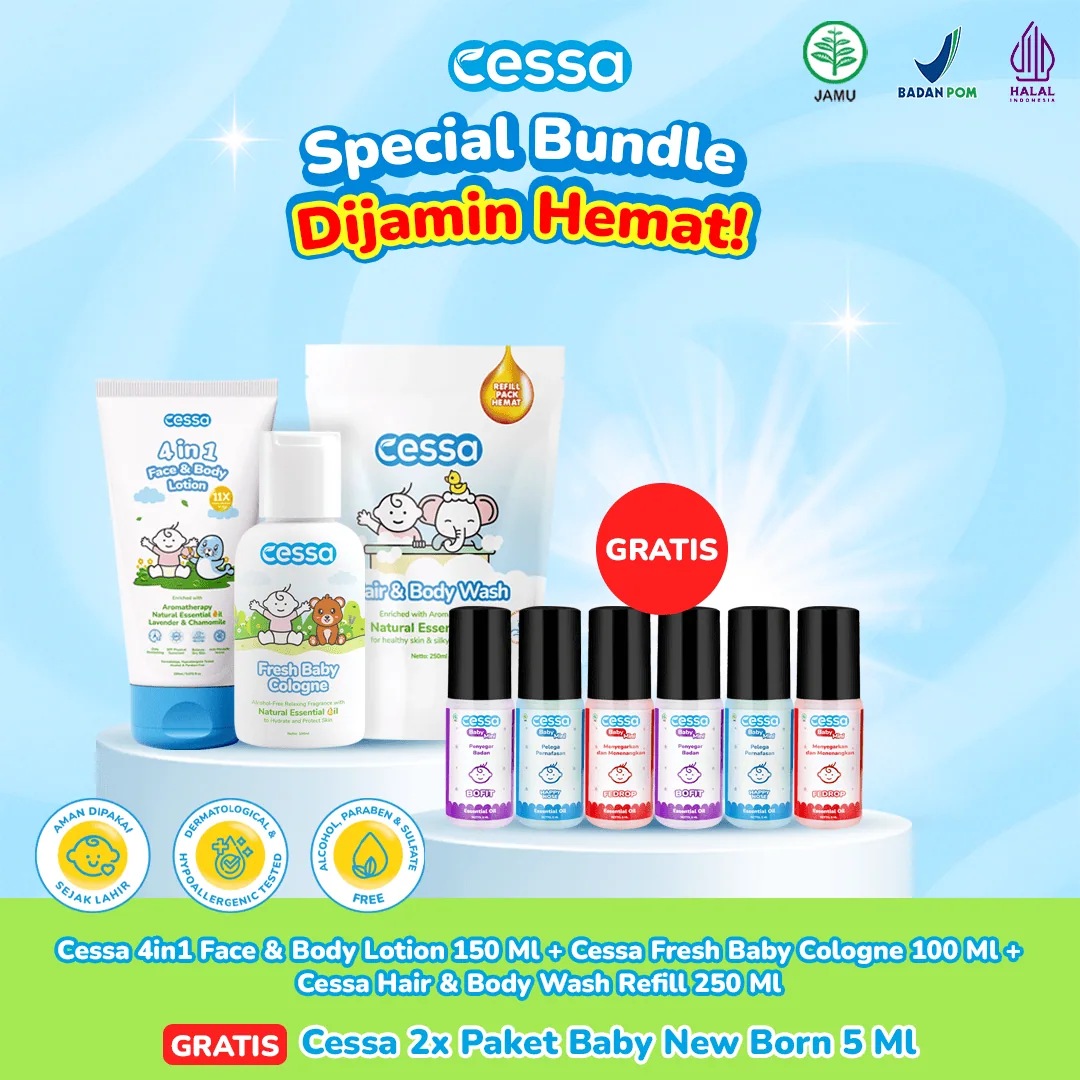 Buy 3 Get 9 - Cessa 4in1 Face & Body Lotion 150 Ml + Cessa Fresh Baby Cologne 100 Ml + Cessa Hair & Body Wash Refill 250 Ml Free Cessa 2x Paket Baby New Born 5 Ml Buy 3 Get 9 - Cessa 4in1 Face & Body Lotion 150 Ml + Cessa Fresh Baby Cologne 100 Ml + Cessa Hair & Body Wash Refill 250 Ml Free Cessa 2x Paket Baby New Born 5 Ml