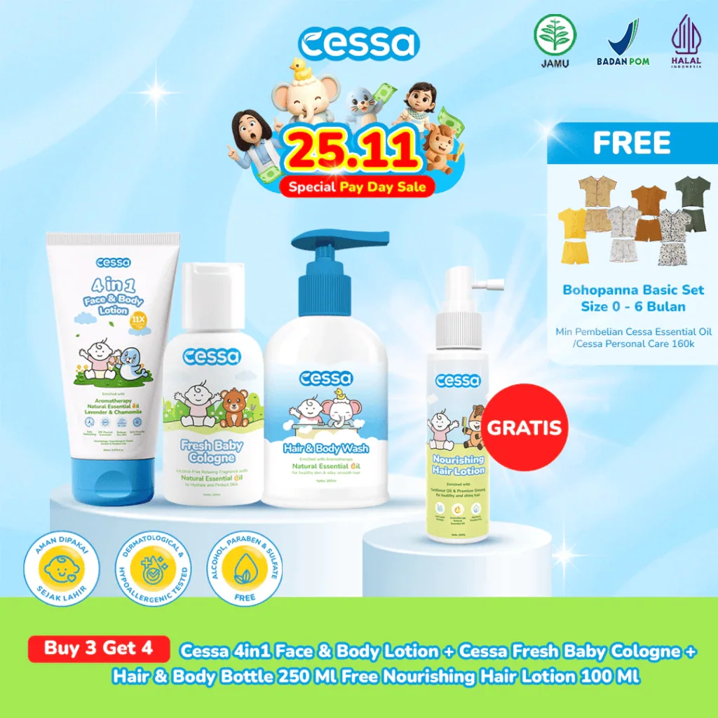 Buy 3 Get 4 - Cessa 4in1 Face & Body Lotion + Cessa Fresh Baby Cologne + Hair & Body Bottle 250 Ml + Nourishing Hair Lotion 100 Ml Buy 3 Get 4 - Cessa 4in1 Face & Body Lotion + Cessa Fresh Baby Cologne + Hair & Body Bottle 250 Ml + Nourishing Hair Lotion 100 Ml