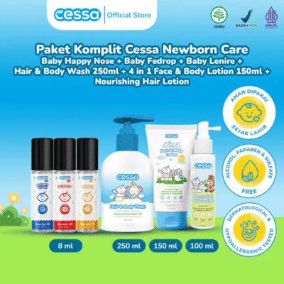 Paket Komplit Cessa Newborn Care - Baby Happy Nose + Baby Fedrop + Baby Lenire + Hair & Body Wash 250ml + 4 in 1 Face & Body Lotion 150ml + Nourishing Hair Lotion 100ml