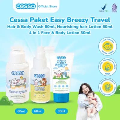 Cessa Paket Easy Breezy Travel - Hair & Body Wash 60ml + Nourishing hair Lotion 60ml + 4 in 1 Face & Body Lotion 30ml
