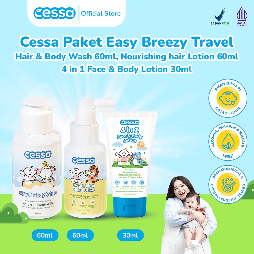 Cessa Paket Easy Breezy Travel - Hair & Body Wash 60ml + Nourishing hair Lotion 60ml + 4 in 1 Face & Body Lotion 30ml Cessa Paket Easy Breezy Travel - Hair & Body Wash 60ml + Nourishing hair Lotion 60ml + 4 in 1 Face & Body Lotion 30ml